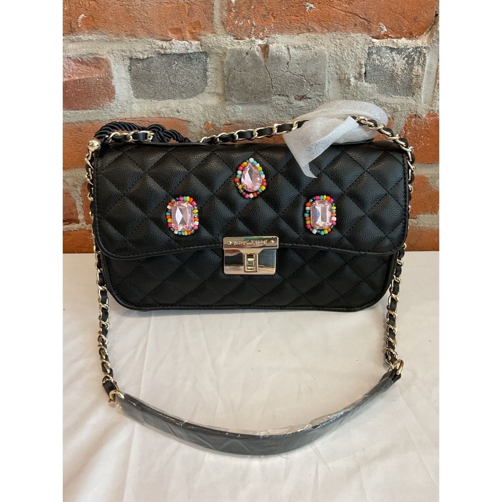 Betsey Johnson Black Quilted Jewels Pearls Mini Beads Bag Gold Hardware $98 NWT